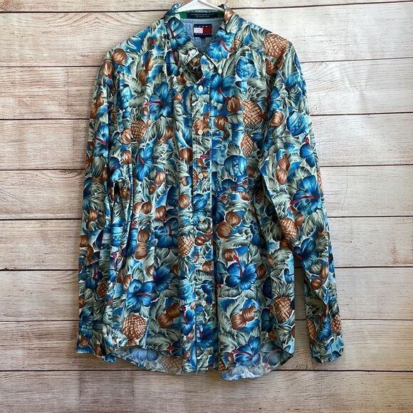 VINTAGE‎ TOMMY HILFIGER LONG SLEEVE SHIRT IN TROPICAL HAWAIIAN PRINT - Picture 1 of 5